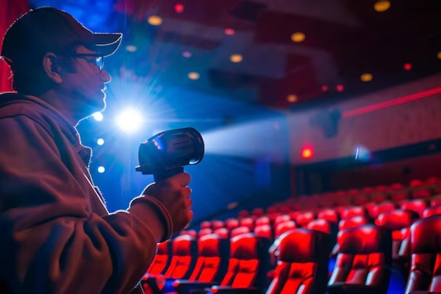 man-cap-glasses-holds-flashlight-dark-movie-theater-flashlight-beam-is-bright-illuminates-empty-seat